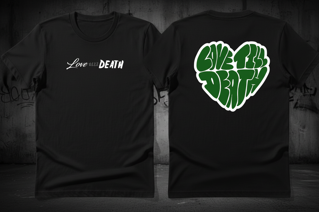 Black t-shirt with 'Love till Death' on front and green Heart design on back