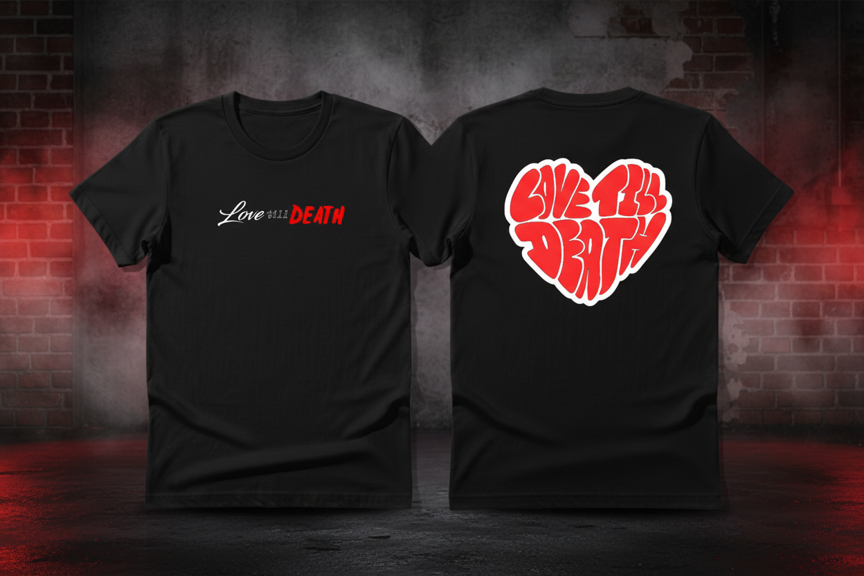 Classic Black t-shirt with 'Love till Death' on front and red Heart design on back